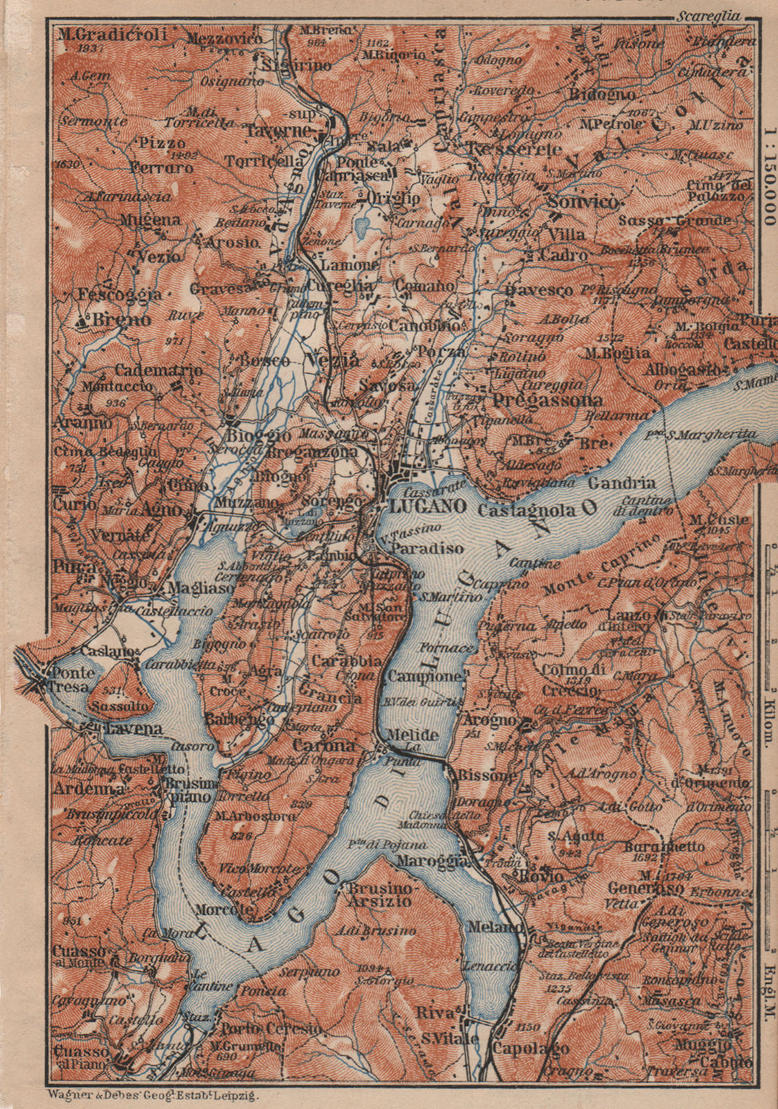 LUGANO ENVIRONS. Lake Lago di. Topo-map. Switzerland Suisse Schweiz 1899